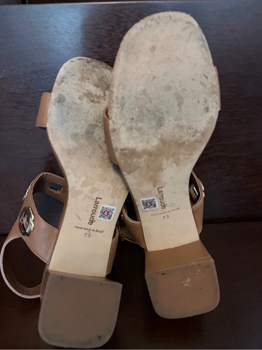 Larroude Tan Leather Slingback Heeled Sandals w/ Gold Geometric Detail -Sz 7.5